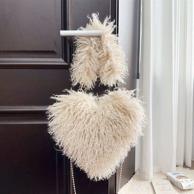 Women Wool Handbag Heart-Shaped Chain Strap Casual Purse | Tote Vibe