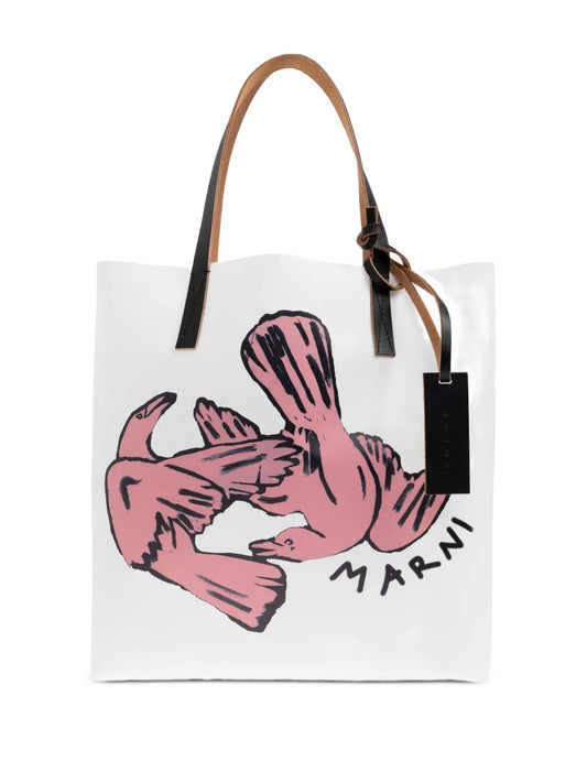 Marnibird-print leather tote bag