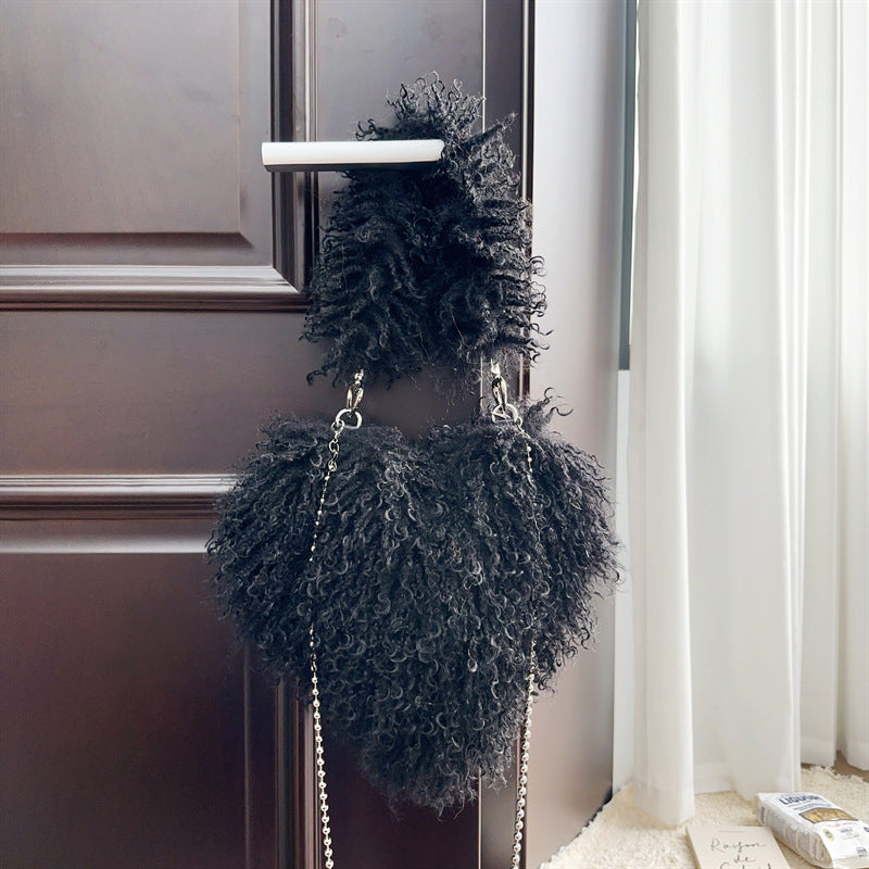 Women Wool Handbag Heart-Shaped Chain Strap Casual Purse | Tote Vibe