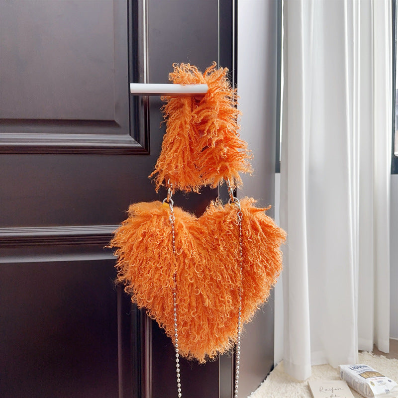 Women Wool Handbag Heart-Shaped Chain Strap Casual Purse | Tote Vibe