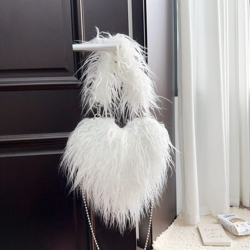 Women Wool Handbag Heart-Shaped Chain Strap Casual Purse | Tote Vibe