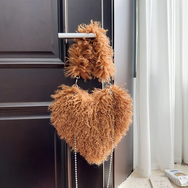 Women Wool Handbag Heart-Shaped Chain Strap Casual Purse | Tote Vibe