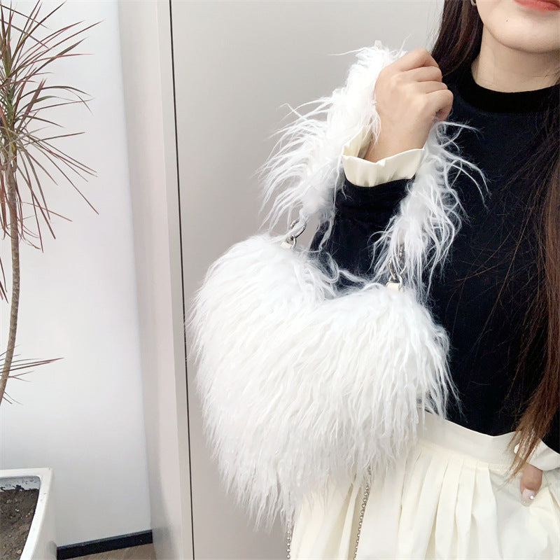 Women Wool Handbag Heart-Shaped Chain Strap Casual Purse | Tote Vibe