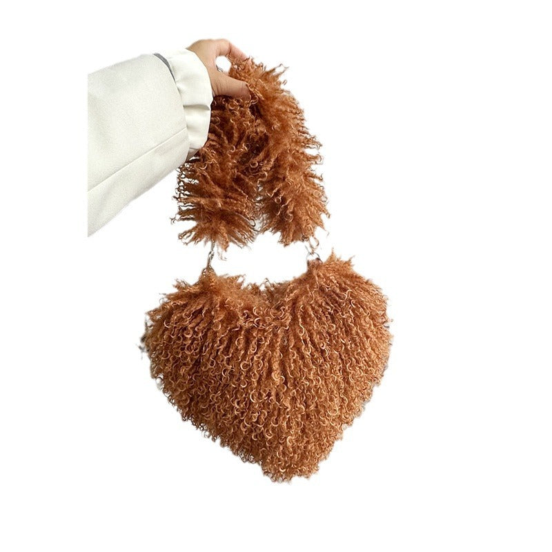 Women Wool Handbag Heart-Shaped Chain Strap Casual Purse | Tote Vibe