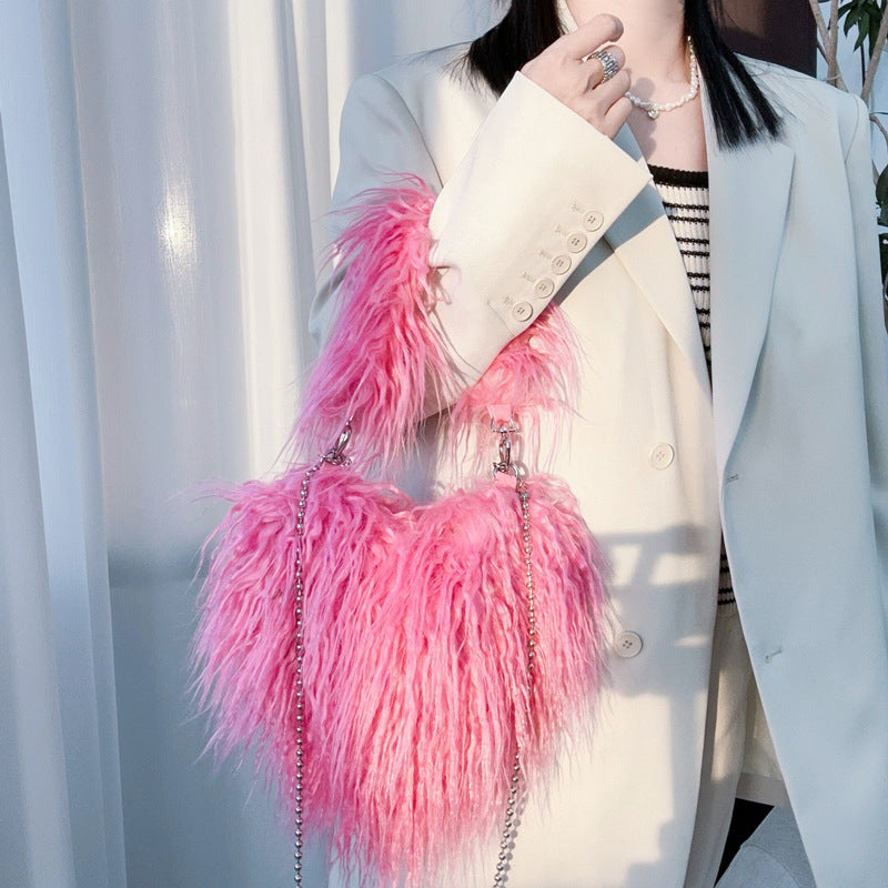 Women Wool Handbag Heart-Shaped Chain Strap Casual Purse | Tote Vibe