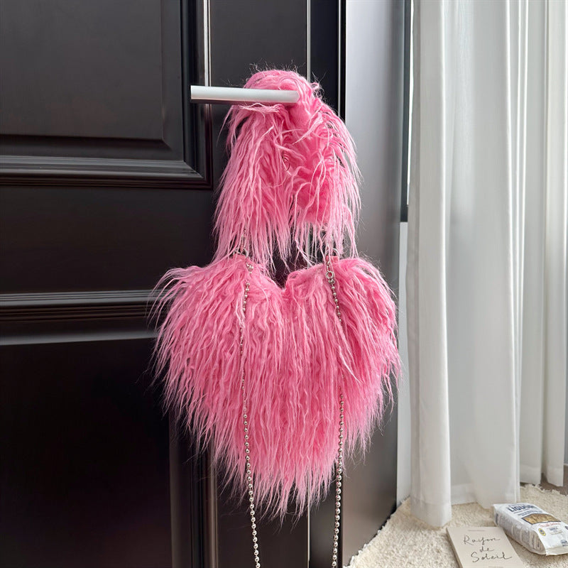 Women Wool Handbag Heart-Shaped Chain Strap Casual Purse | Tote Vibe